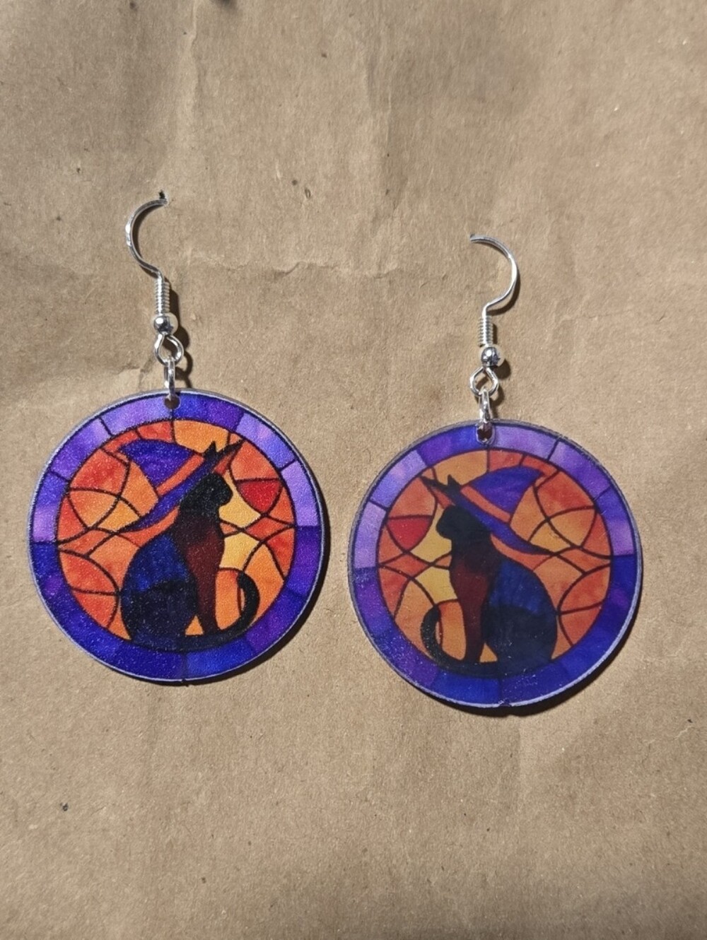 Purple and Orange Witch Cat Stained-Glass Dangle Earrings